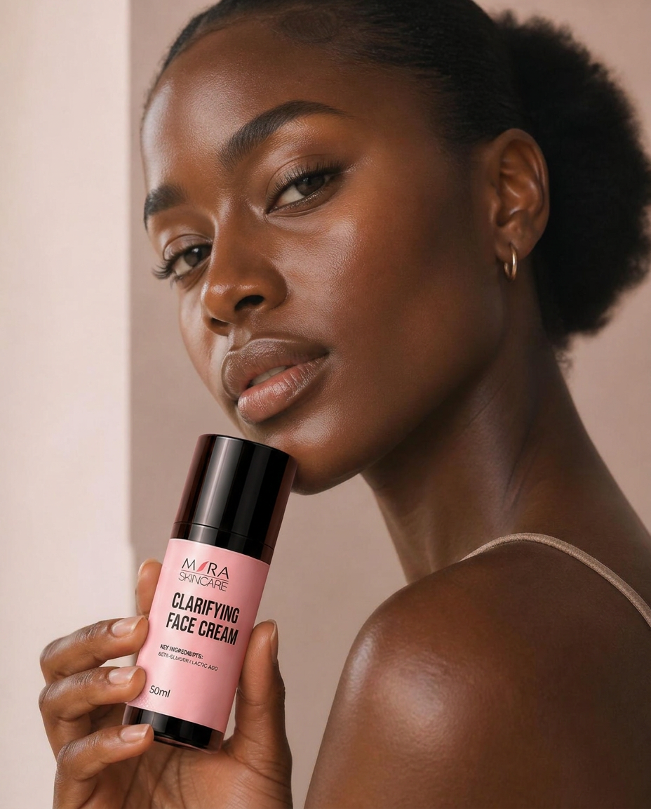 Woman with glowing skin holding Mira skincare
